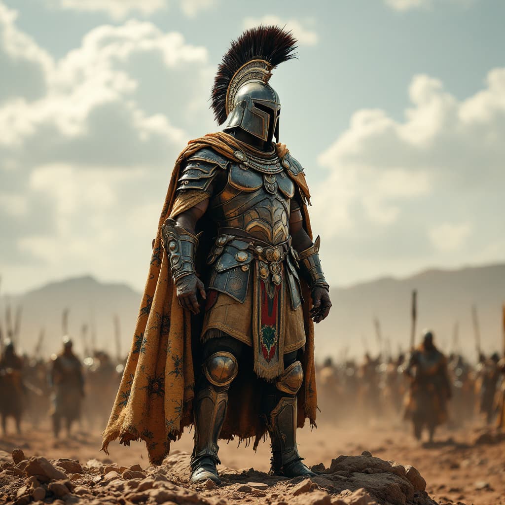 AI generated: A VICTORIOUS PATRIOT STANDING AT THE END OF ADWA BATTLE WEARING ETHIOPIAN FULL ARMOR