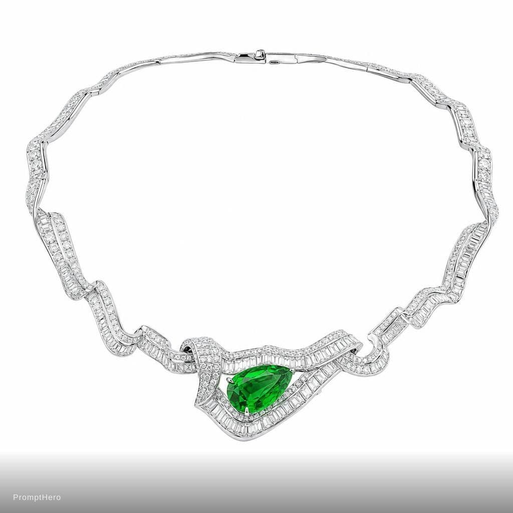 AI generated: A luxurious high-end necklace inspired by haute jewelry design, featuring a wavy, irregular diamond-...