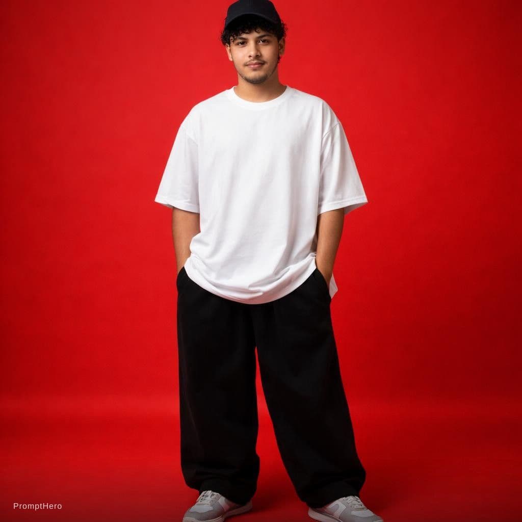 AI generated: capturing a casual yet stylish vibe, a figure in a loose, oversized black street wearing and wide-le...