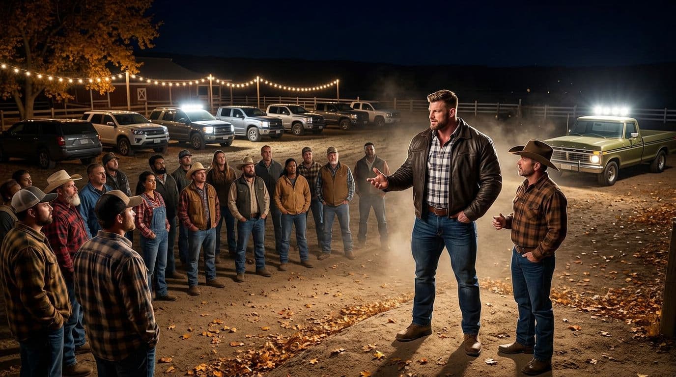 AI generated: In an Autumn night at a ranch. The vintage olive green Ford pick up truck is parked between other mo...