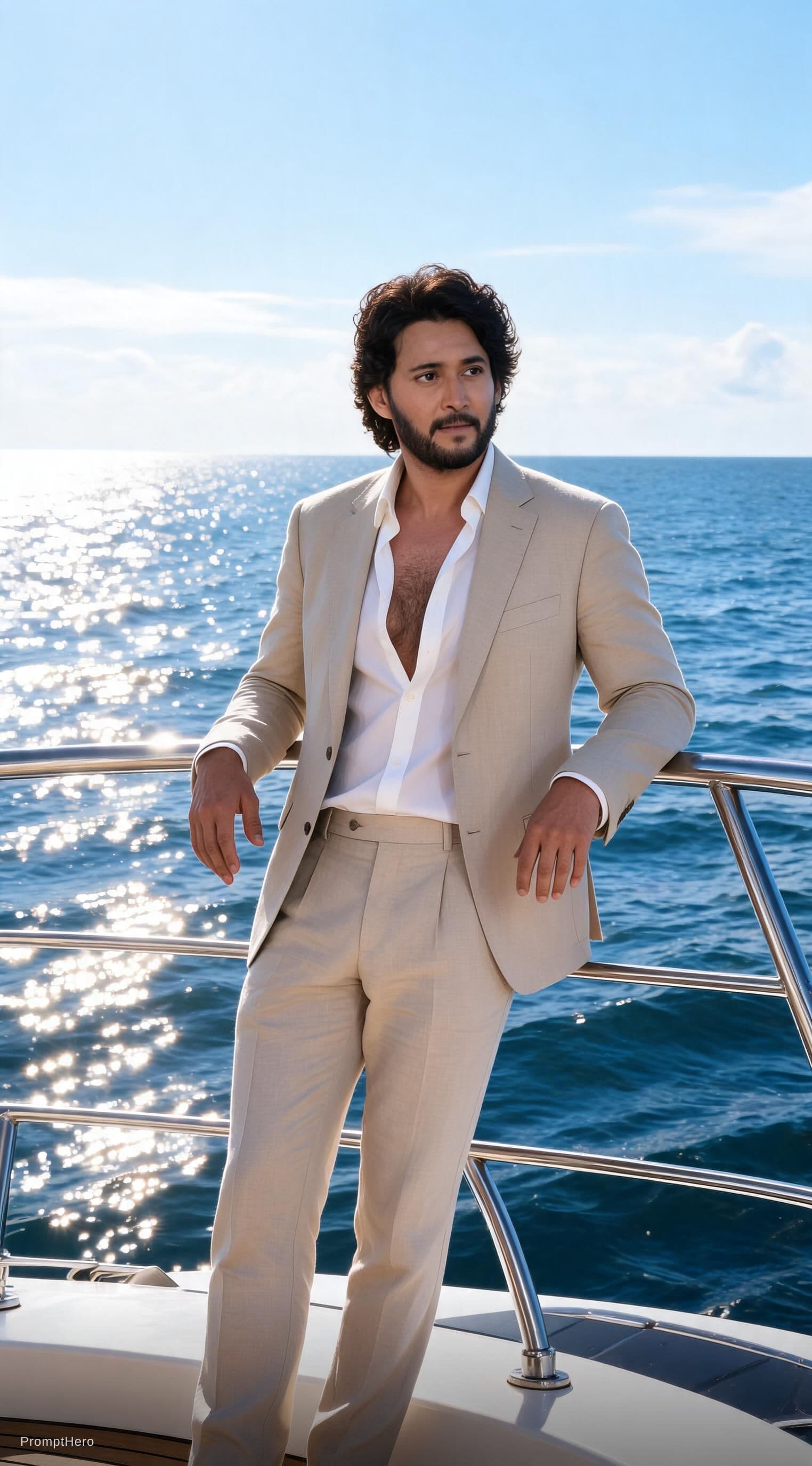AI generated: Create a high-end fashion image of a male model wearing a tailored summer suit with an open shirt. P...