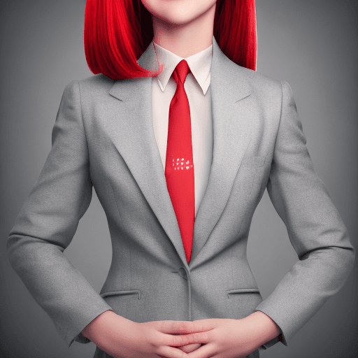 AI generated: Portrait of a young girl in a red business suit, gray background, gradient, photoLeica 50mm, best qu...