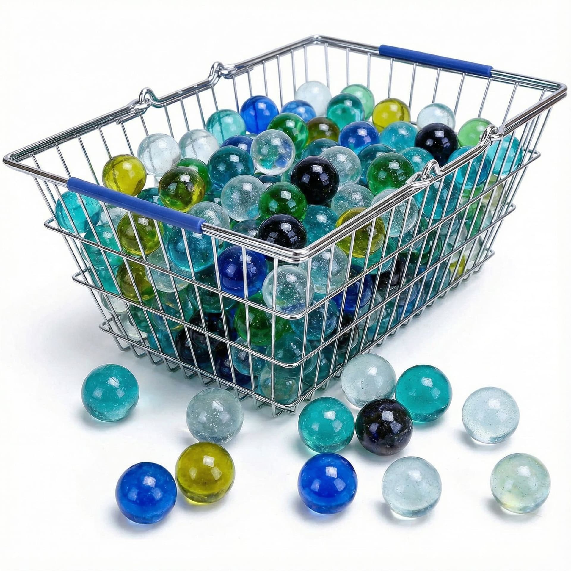 AI generated: Fill the basket with marbles in different colors. Let some marbles be in front of the basket. 