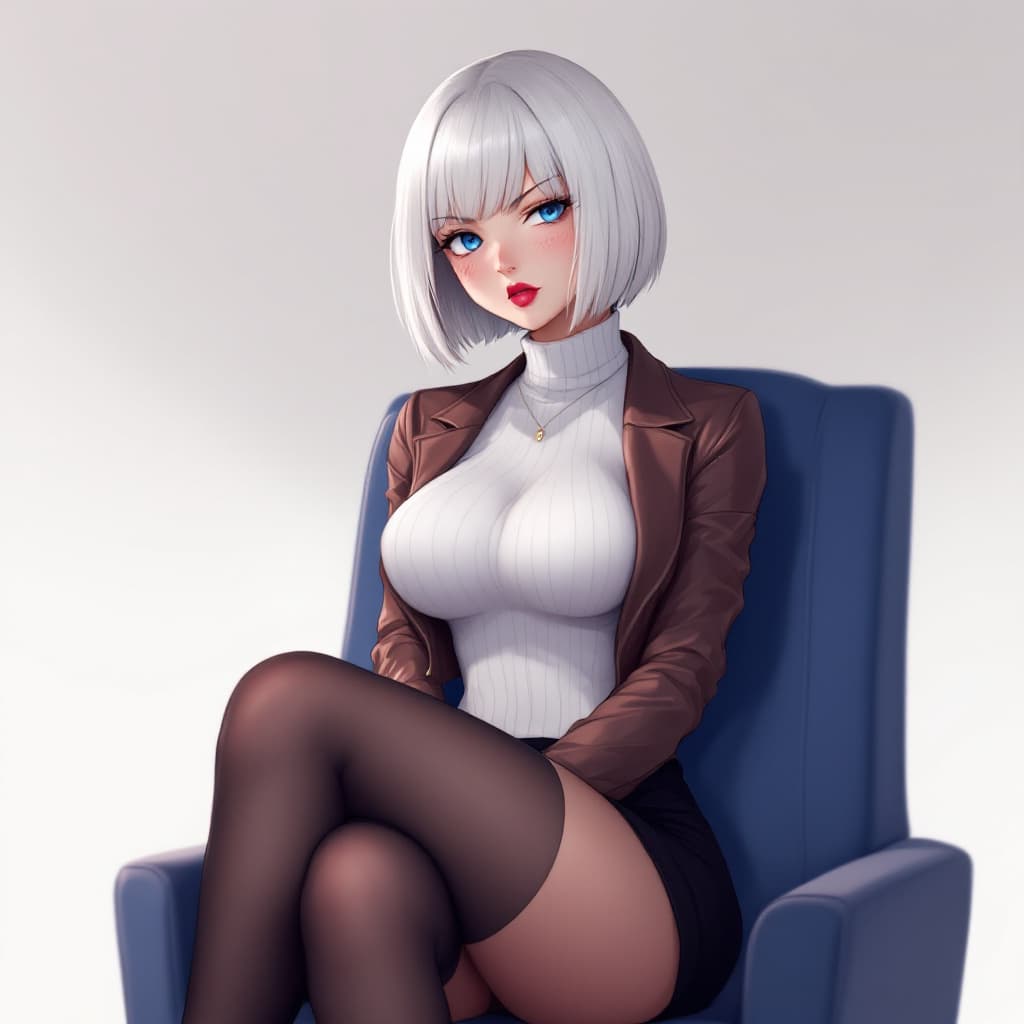 AI generated: anime, woman, white hair, bob cut, blue eyes, freckles, red lips, white turtle neck sweater, tight t...