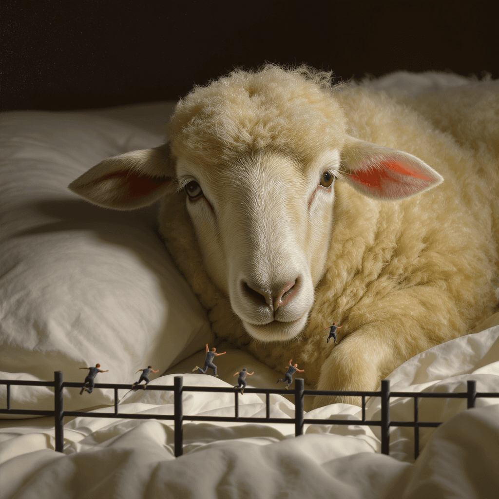 AI generated: A hyper-realistic digital portrait of a sheep trying to go to sleep. In front of the sheep are mini ...