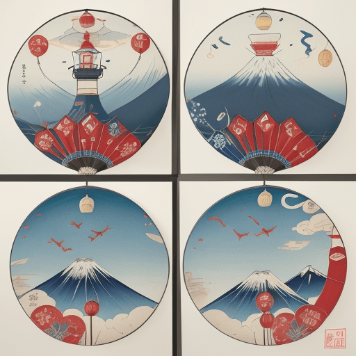 AI generated: Create a pattern with stylized depictions of Mount Fuji, a uchiwa fan, a crane, and a lantern, all d...