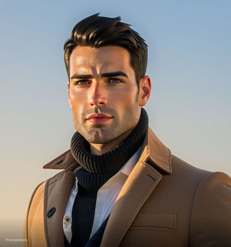 AI generated: Hot, attractive dark‑haired man with a confident, sexy expression, sharp jawline, fit physique, warm...