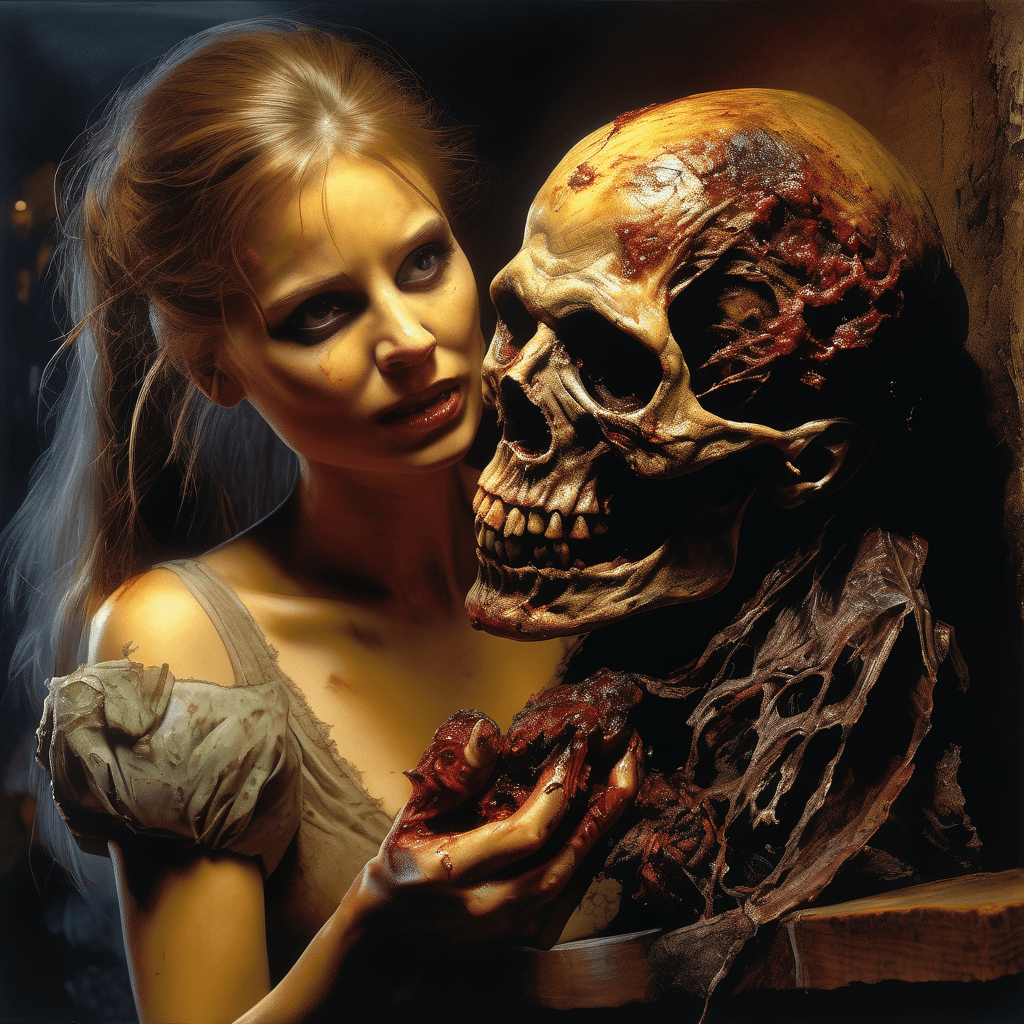 AI generated: Masterpiece, Best quality, a photograph of a beautiful hyperrealistic zombie girl, holding a rotting...