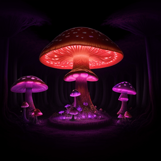 AI generated: big glowing mushroom forest --style raw, red and purple faded lights, fairytale --v 6.0