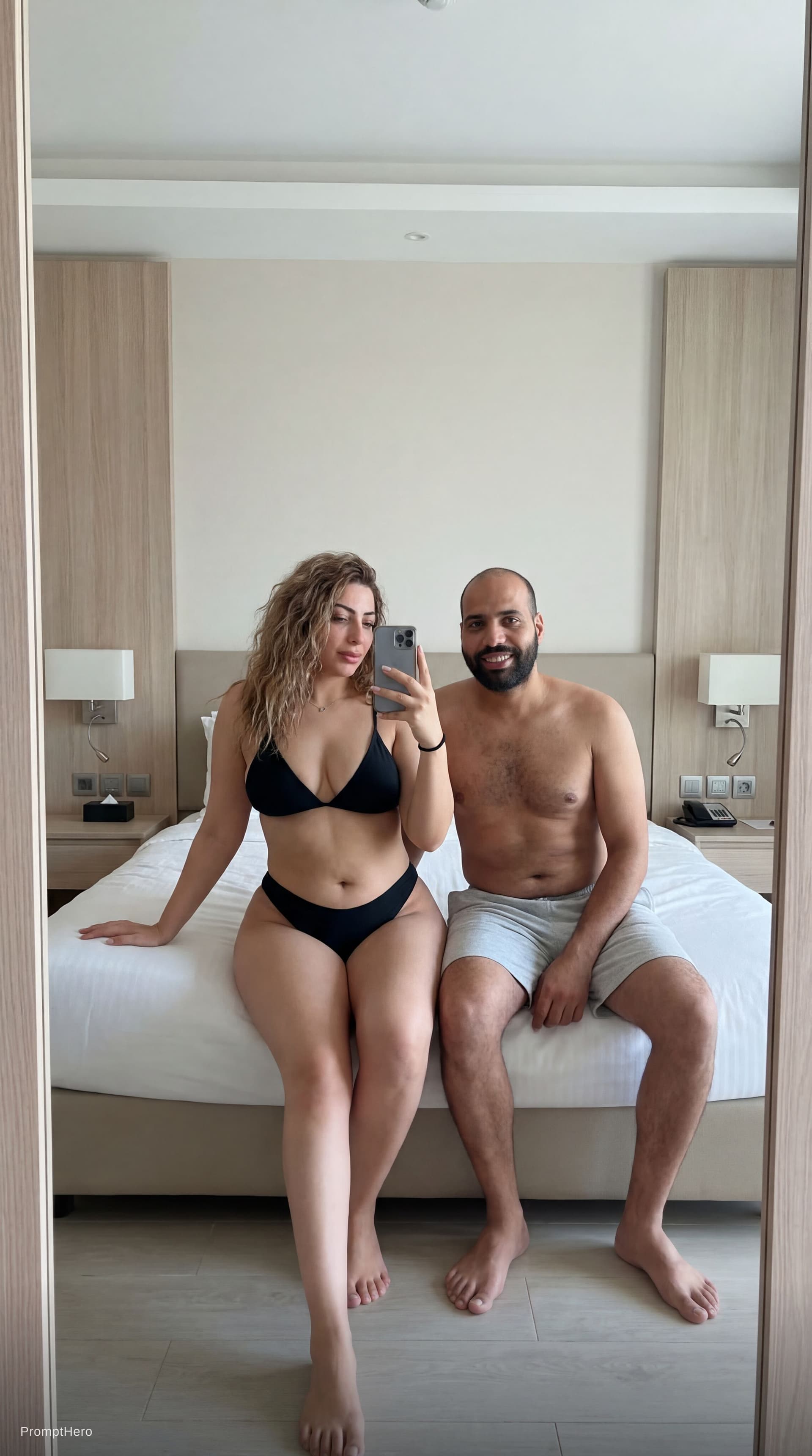 AI generated: {
  "scene": {
    "setting": "Modern hotel room",
    "background_details": {
      "furniture": "L...