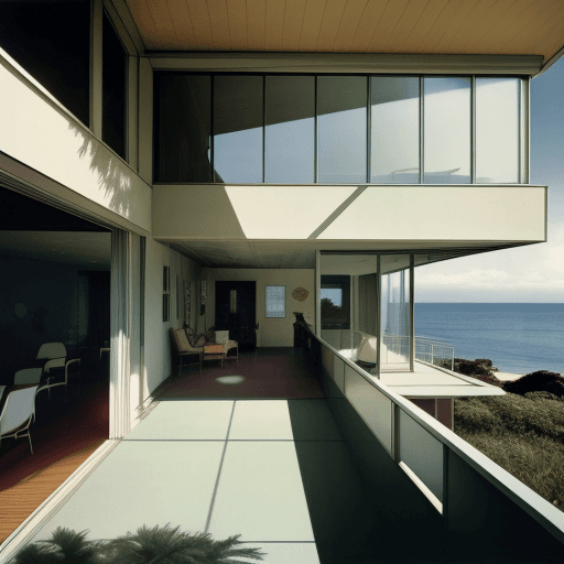 AI generated: Hyper realistic eye level exterior photo of a mid century modern style house overlooking the ocean, ...