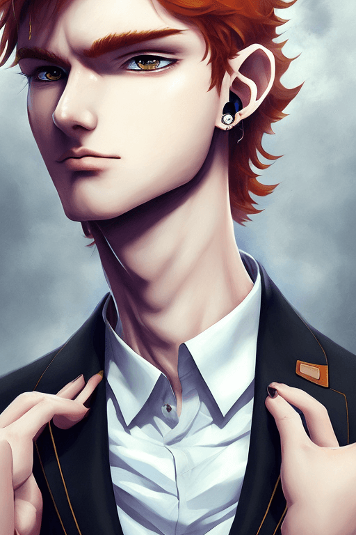 AI generated: beautyful boy, anime face, black blazer clothes, ginger hair bangs, earrings, male, arm in neck ,by ...