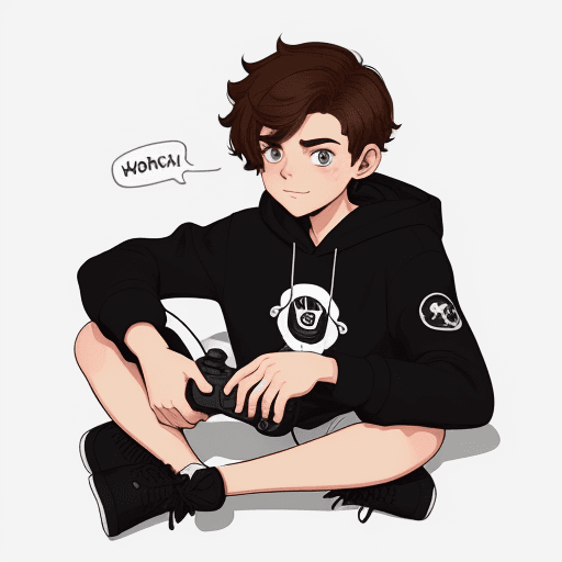 AI generated: An illustration of a quirky gamer boy with brown  short wavy hair,in the style of Flat shading, Gemm...