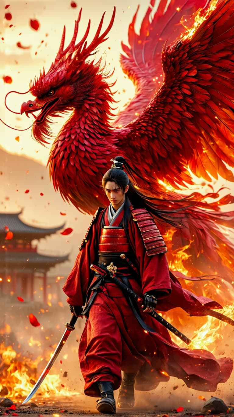 AI generated: An ultra-realistic, zoomed out, front facing, full-body portrait of a regal young Japanese samurai w...