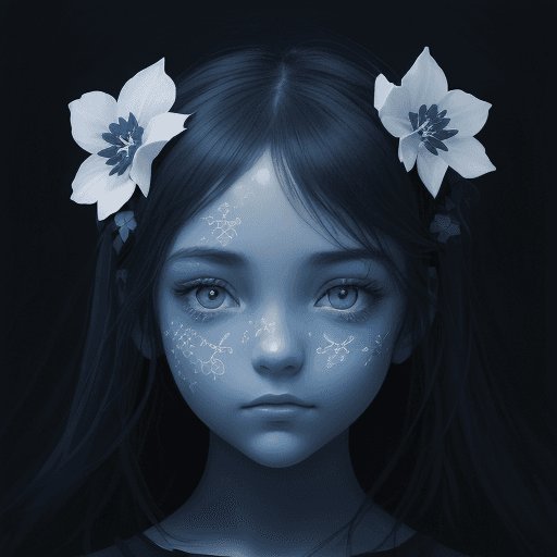 AI generated: a beautiful picture of a girl with blue flowers on her face, in the style of monochromatic paintings...