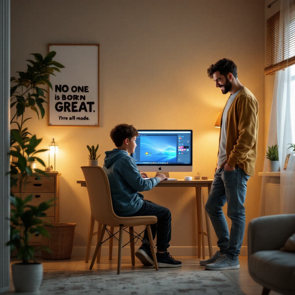 AI generated: "Create a photorealistic 4K image of a cozy one-room house with a stylish bi-tone design. The scene ...