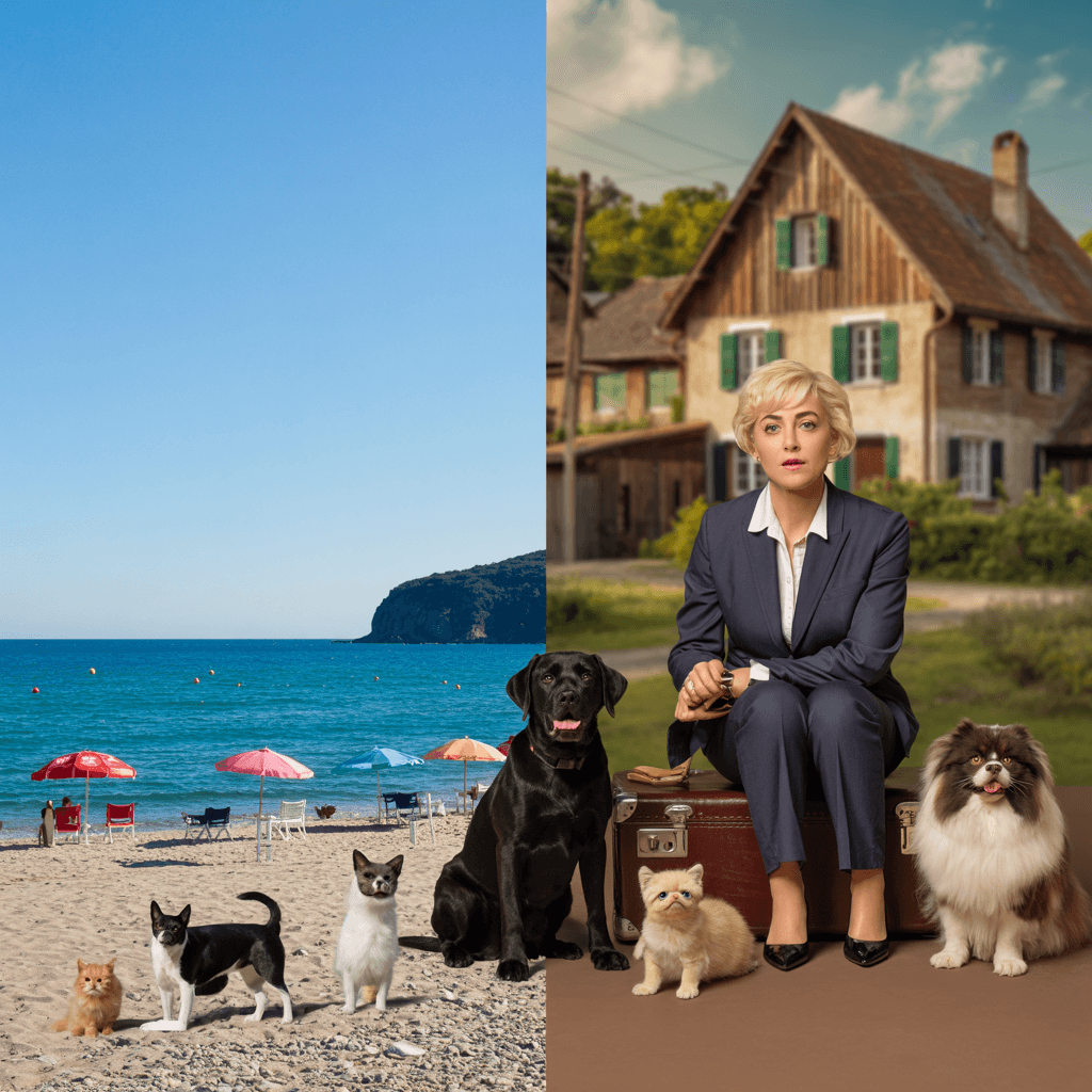 AI generated: On the left is a beach with a blue sea and umbrellas on the shore, and on the right, against the bac...