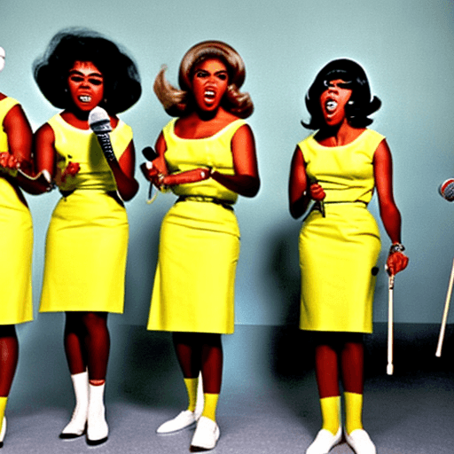 AI generated: Three disabled women in a 1960s girl band. One is an African American and sitting in a wheelchair, t...