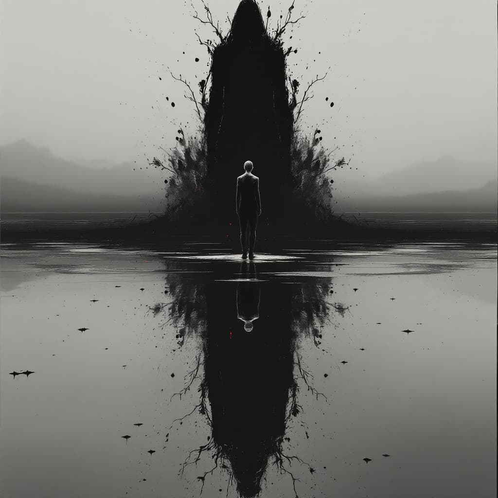 AI generated: lone figure standing at the edge of a still water body, perfectly reflected below, the reflected fig...