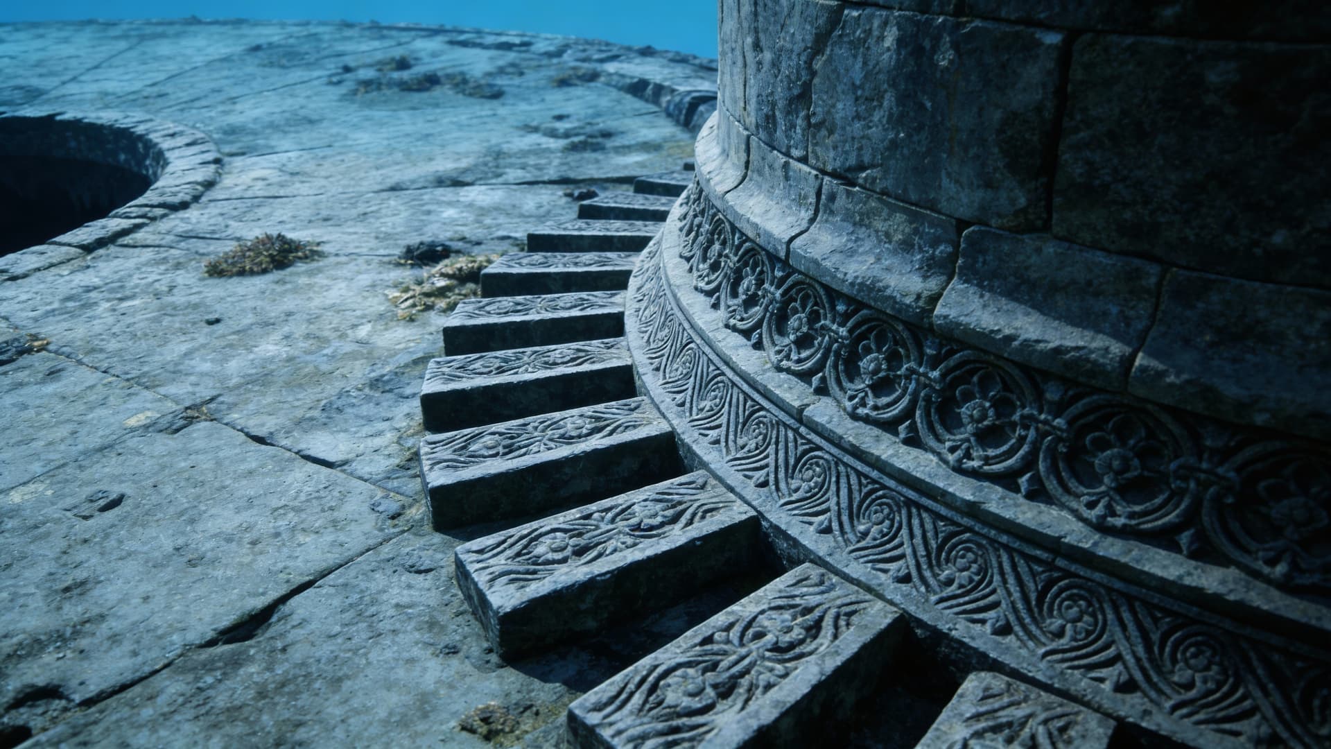 AI generated: Extreme close-up of the perfectly carved stone steps on the side of the supporting pillar.
