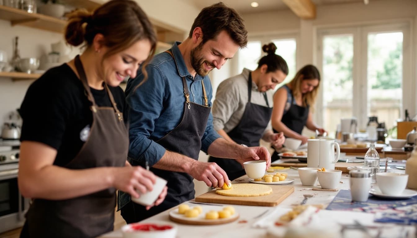 AI generated: A photograph of a team on a corporate retreat doing a pastel de nata baking workshop. 