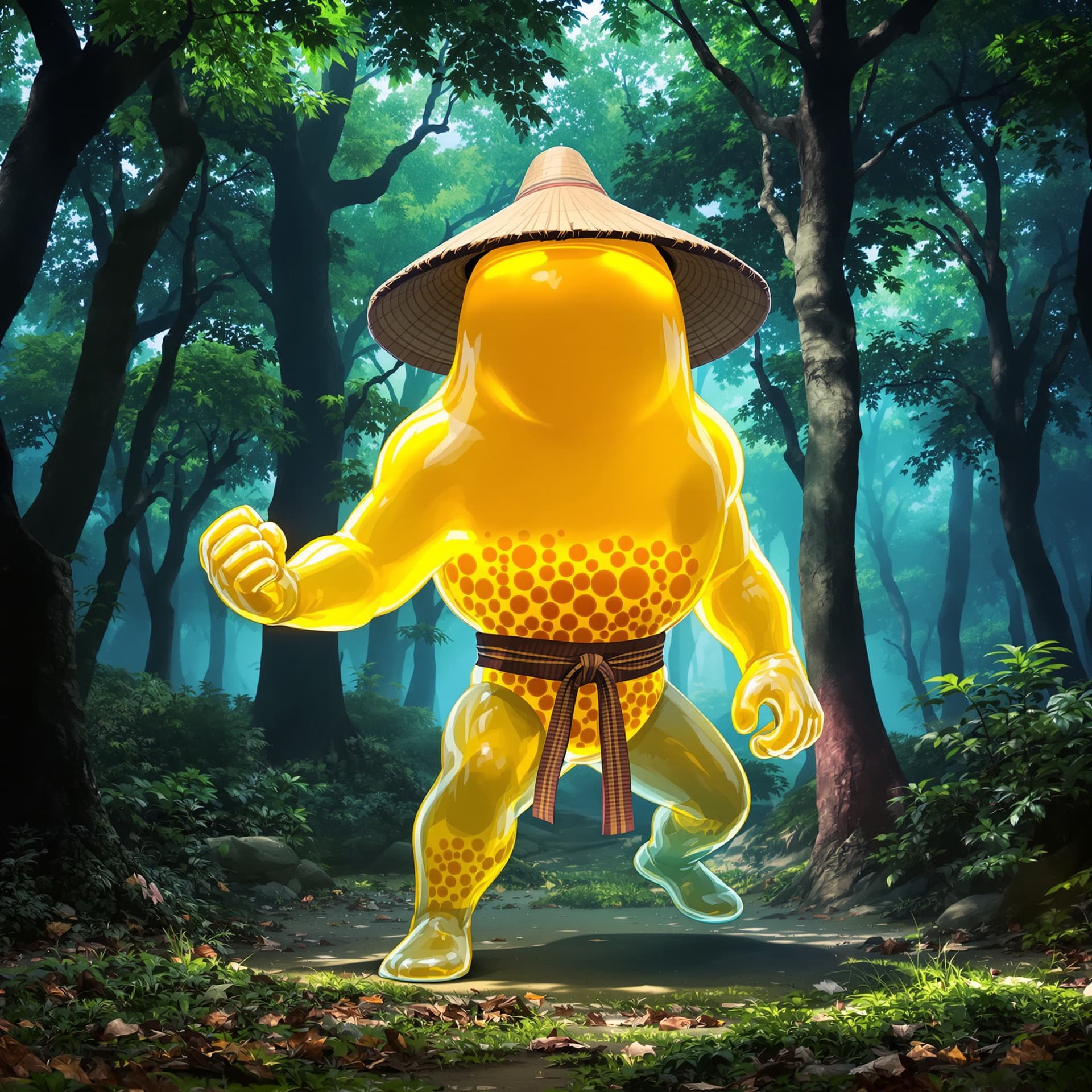 AI generated: high resolution, ultra realistic, gelatinous blob, kung-fu fighter, yellow liquid body, brown bubble...