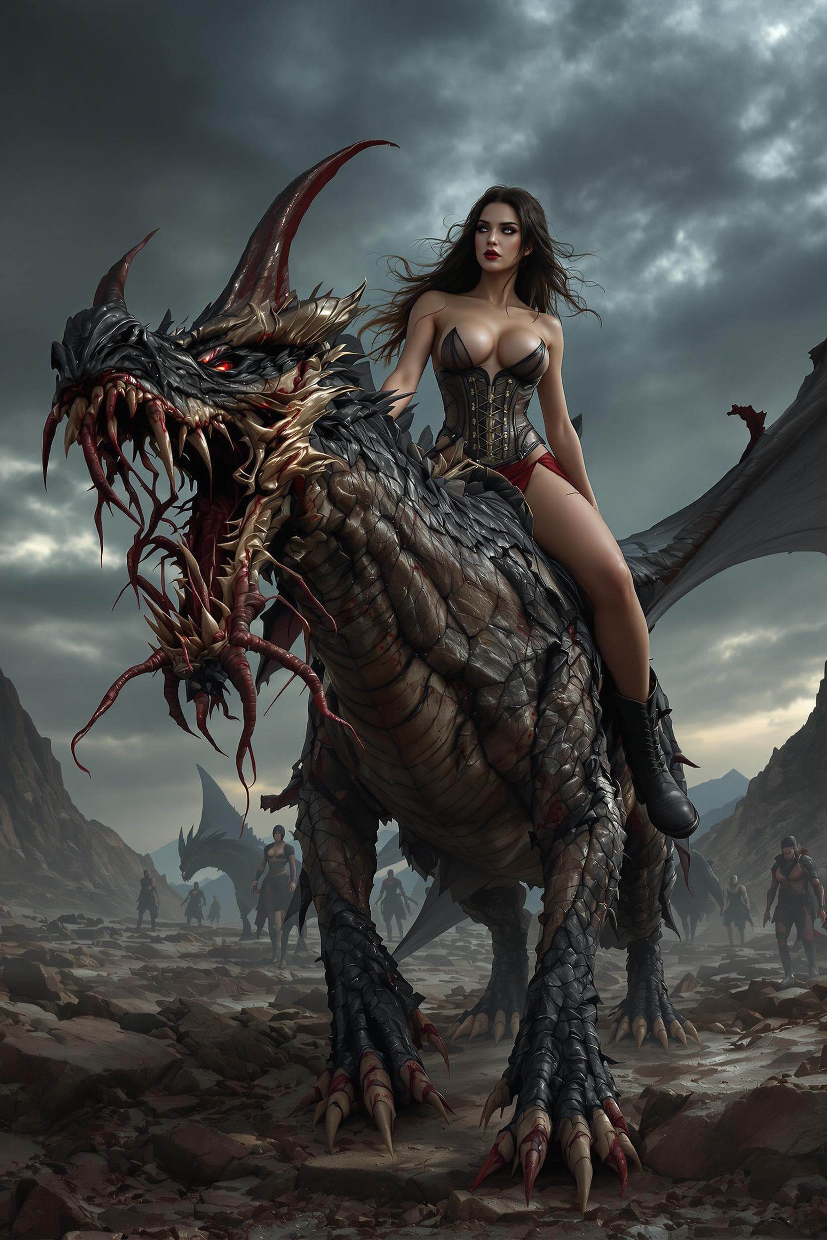 AI generated: Design an ultra-realistic, highly detailed 8K resolution artwork of a powerful, seductive woman ridi...