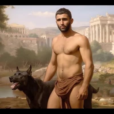 AI generated video: The ancient Roman man and his his large black dog pose for the camera, the dog panting cheerfully as...