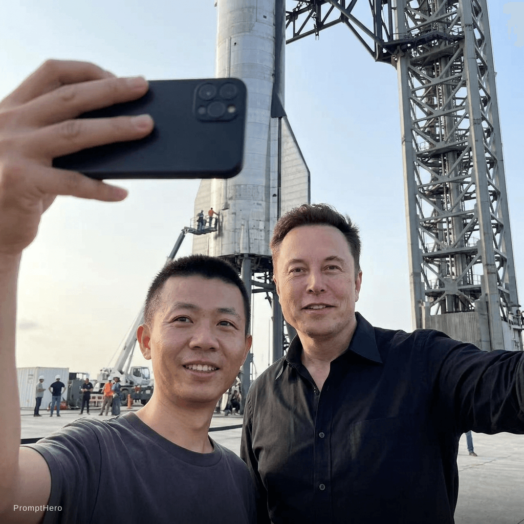 AI generated: with Elon Musk in front of a SpaceX rocket, professional setting