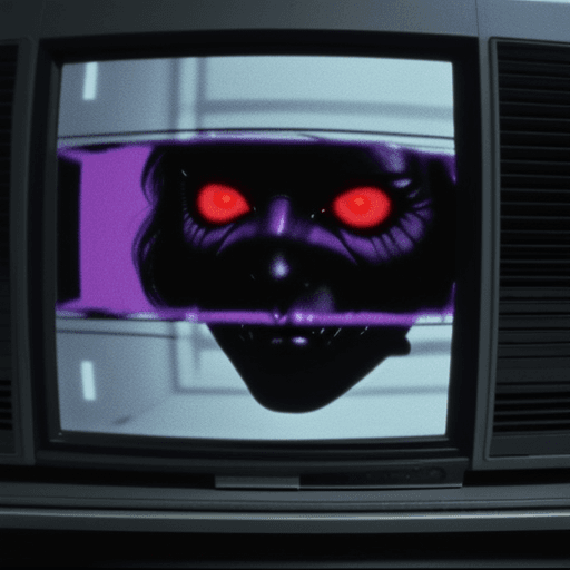 AI generated: evil lurking , 80s movie style, spooky vhs glitch on tv screen, variation