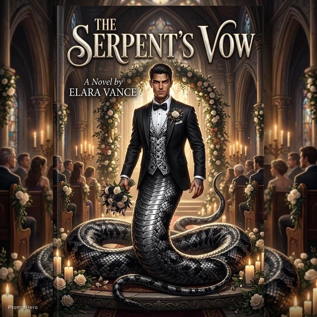 AI generated: Book cover of a man that is half man and half snake wearing black and white wedding attire.