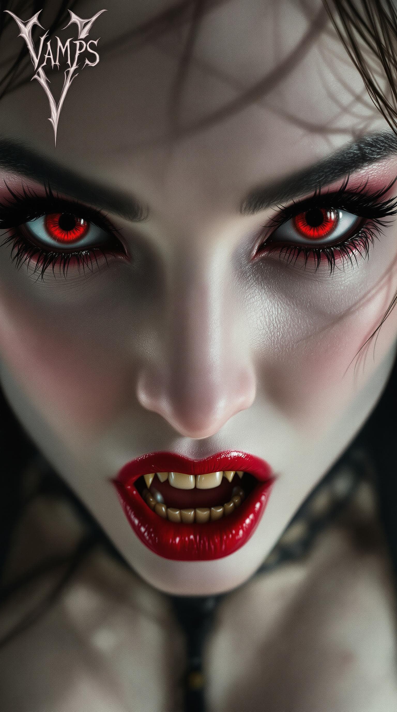 AI generated:  VAMPS horror magazine cover: A dynamic, bird's-eye view close-up of a beautiful bewitching vampire ...