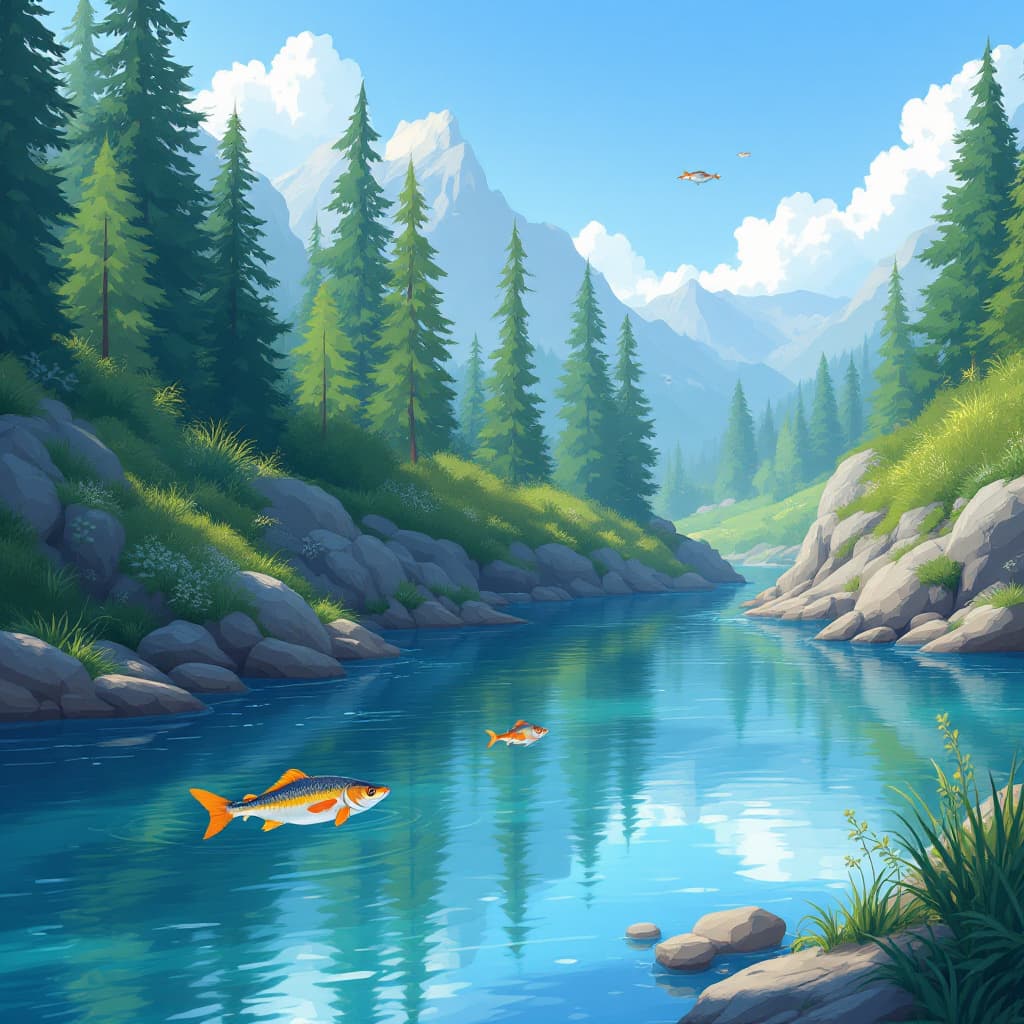 AI generated: river shore, animation style, fish