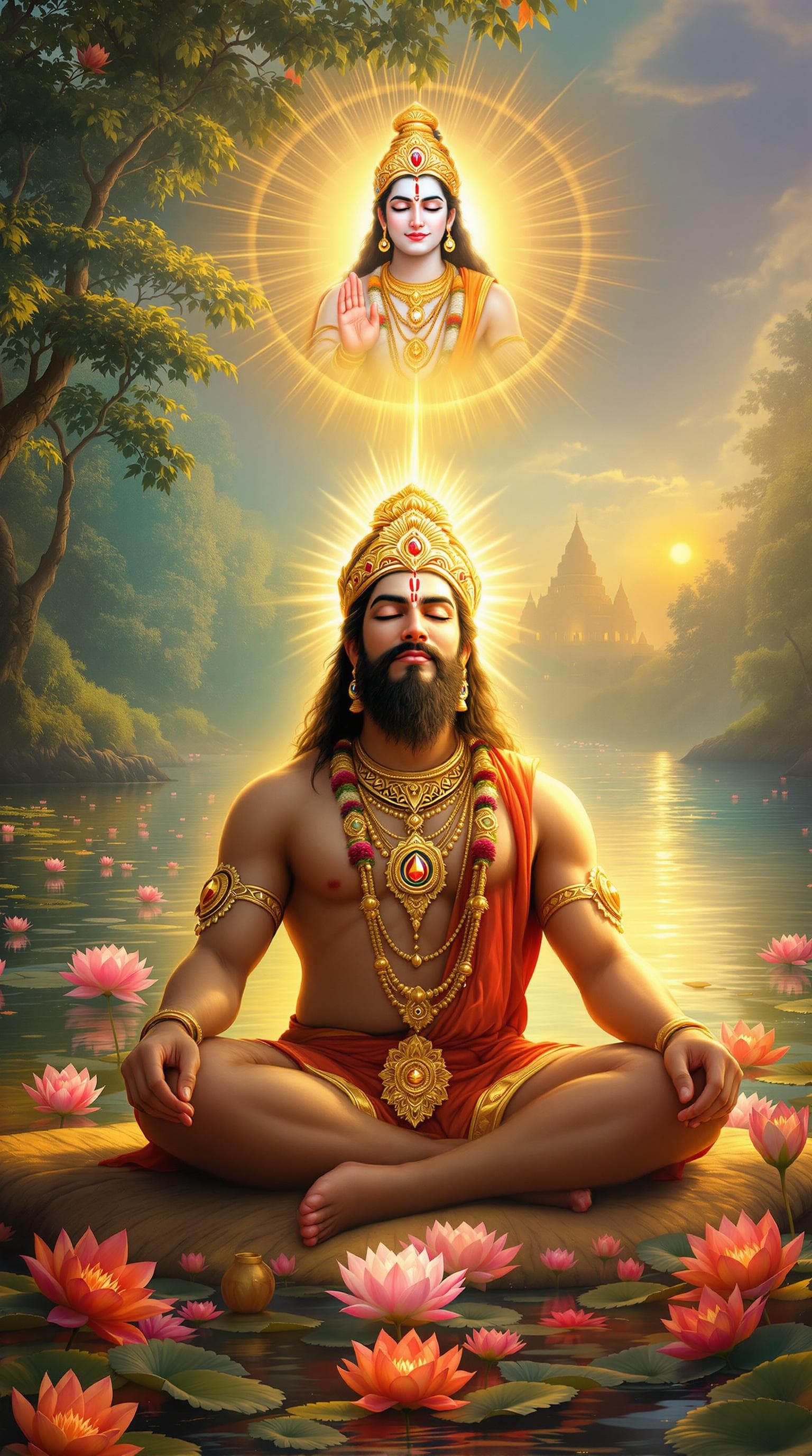 AI generated: "A divine, ultra-realistic 15K digital painting of Lord Hanuman sitting in a meditative pose, playin...