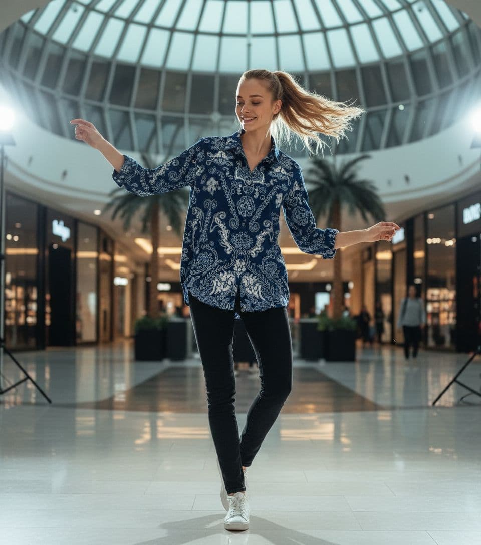 AI generated: Full body shot portrait of a beautiful model, blue eyes, dancing, in blue batik casual shirt, black ...