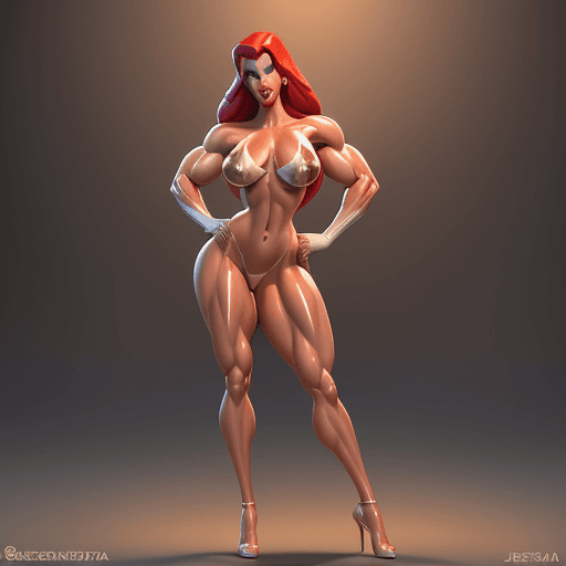 AI generated: Jessica Rabbit, with desire and lust, wearing (((translucent thongs))), big muscles, Showing off her...