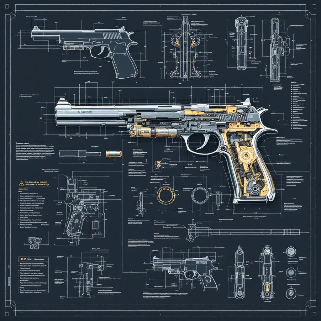 AI generated: a llama .38 super pistol schematic showcasing a cutaway design that reveals its internal structure p...