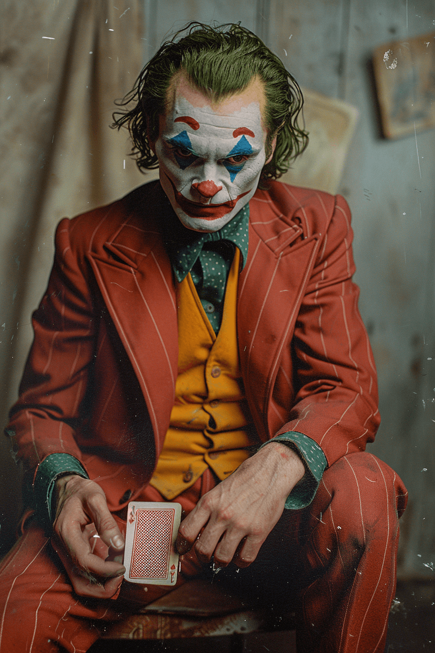 AI generated: A vintage color photo of the JoKeR holding up an Ace playing card, 35mm photography in the style of ...