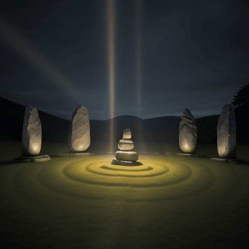 AI generated: High resolution photography, a big stone circle connected through light beams with the sky, cozy atm...