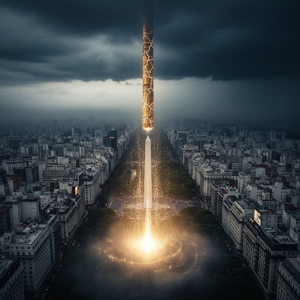 AI generated: Aerial wide shot of Buenos Aires under a dark stormy sky. The Obelisco is clearly visible in the cen...
