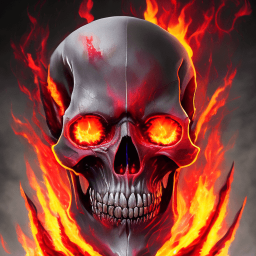 AI generated: Burning hellish skull, sparkling red eyes, highly detailed skeleton covered in flesh, Highly detaile...