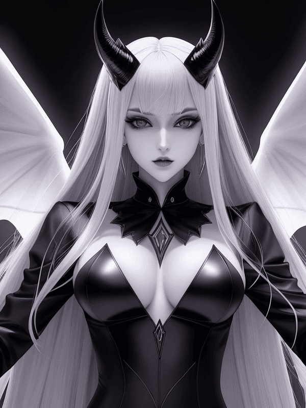 AI generated: A beautiful demon girl. Slender body. (Full body.) Beautiful symmetrical demon horns. Demon wings. (...