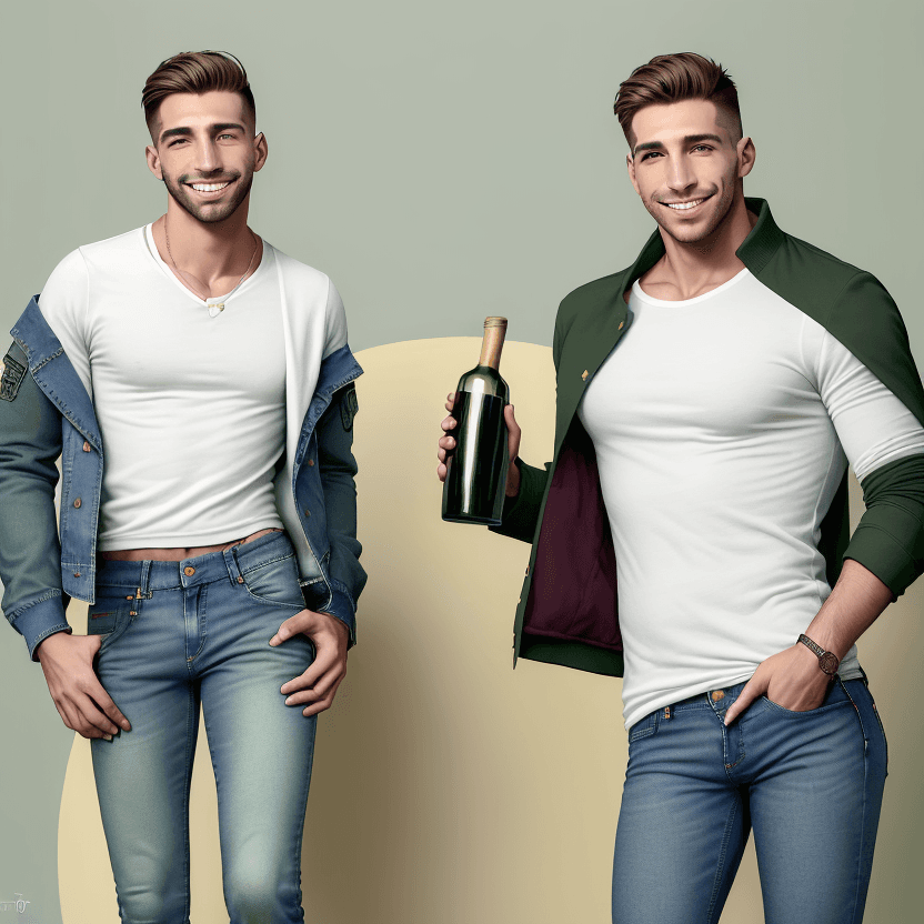 AI generated: Foto de cuerpo entero de un hombre atlético, sonriente sosteniendo una  copa de vino, mirando al esp...
