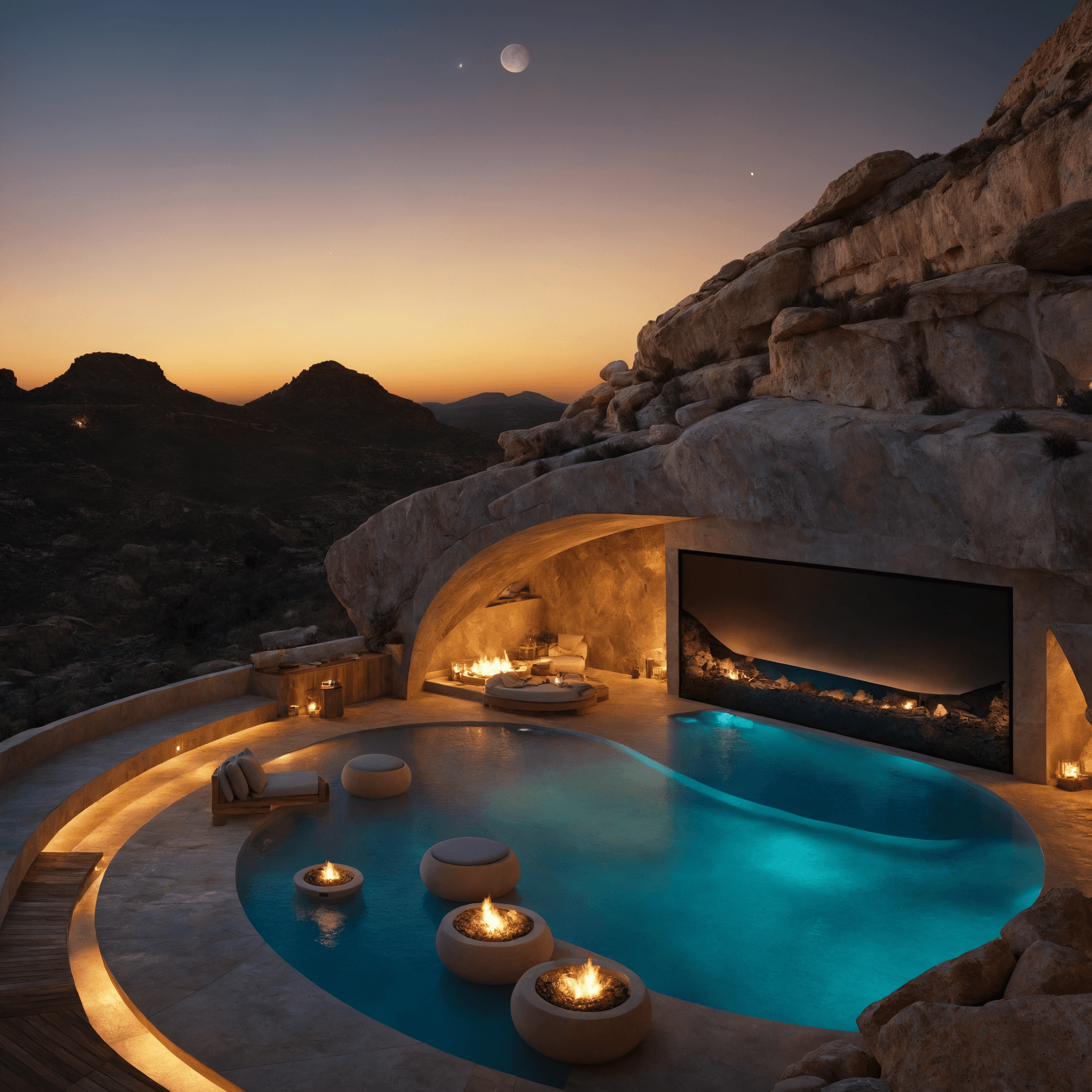 AI generated: A photorealistic render of a luxurious outdoor living space nestled within a rugged rocky terrain, b...