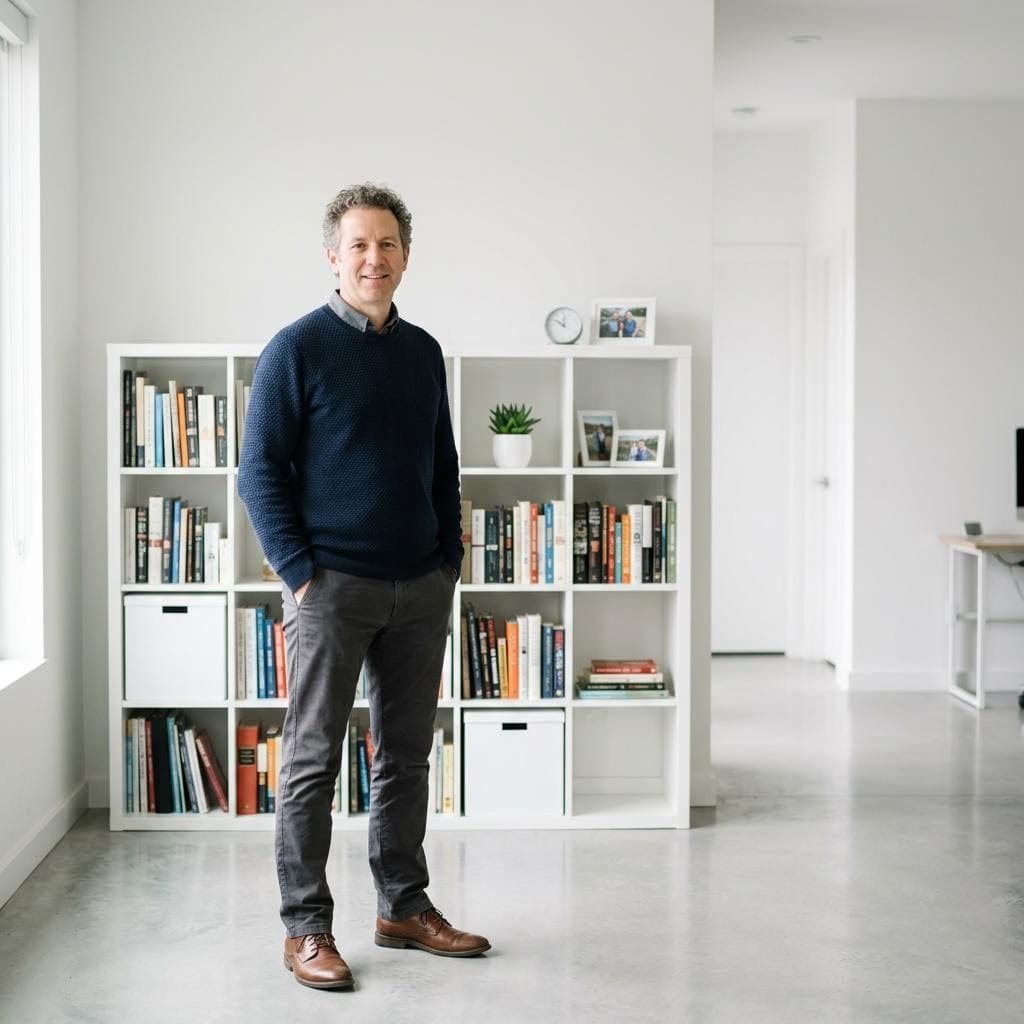 AI generated: Man standing in front of an Ikea bookshelf. Modern and white background