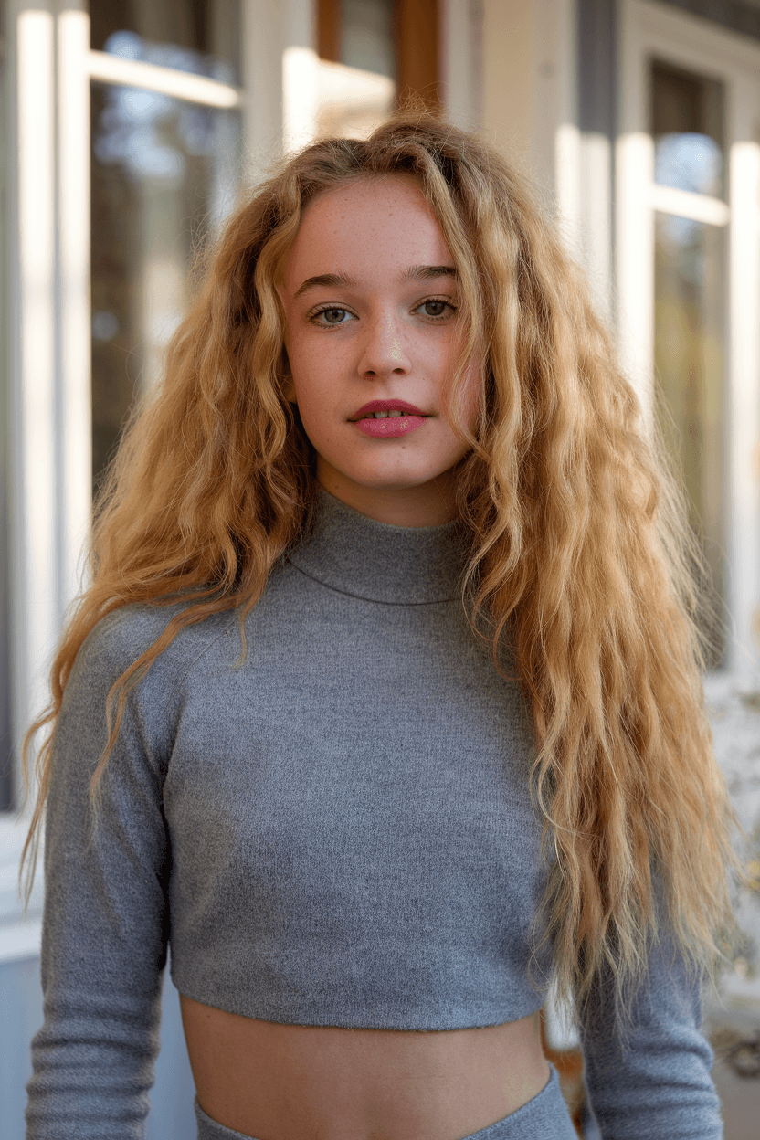 AI generated: lovely girl with long blonde curly soft hair, wears a mohair turtleneck crop-top, morning sunlight i...