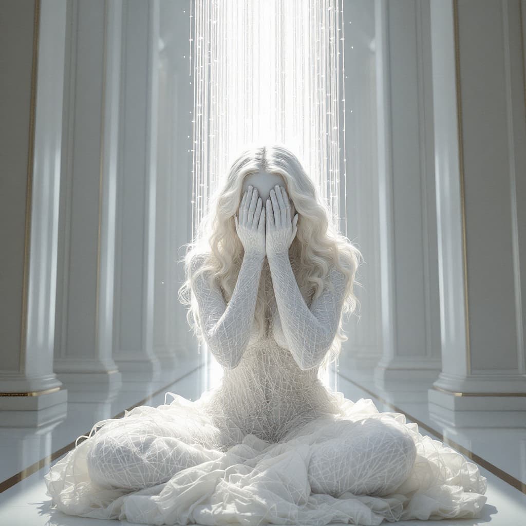 AI generated: A hyperrealistic image set in an elegant event hall. At the center, a full-body statue of a woman si...