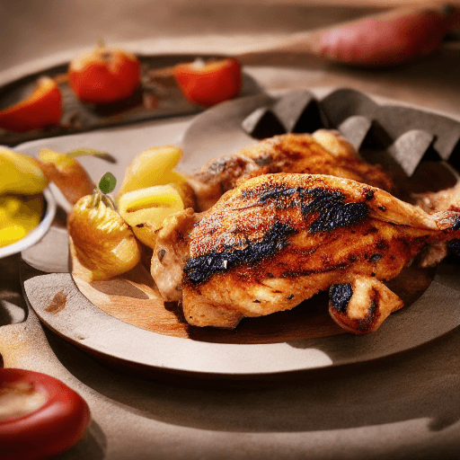 AI generated: yummy chicken grilled, food photograph, food styling, long shot, lens 85 mm, f 11, studio photograph...