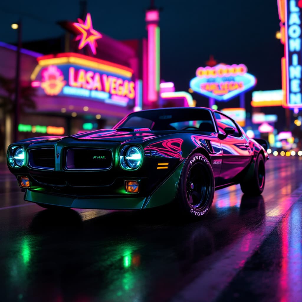 AI generated: Dark Green 1973 Pontiac Trans Am close-up portrait ribcagel. Driving 1970's Las Vegas Strip, Bold Ne...