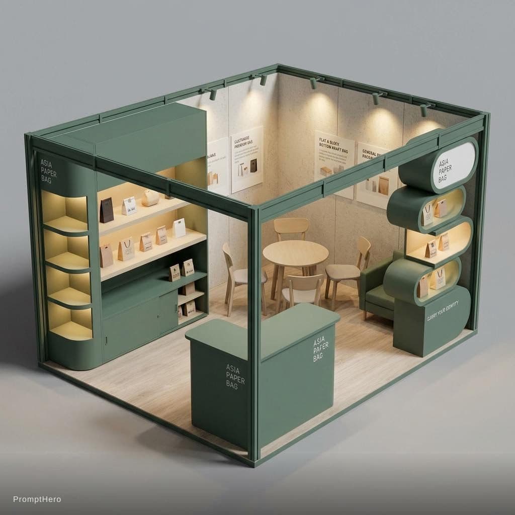 AI generated: Now I’ll create a realistic 3D rendered HTML visualization of the Asia Paper Bag exhibition booth ba...